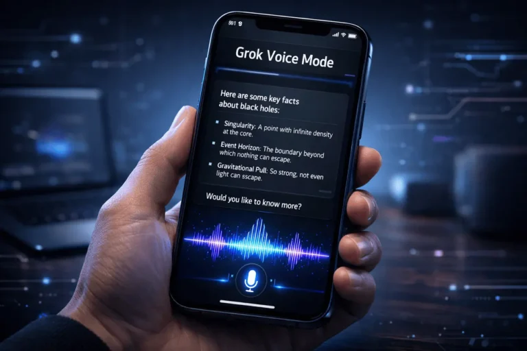 A woman using Grok Voice Mode hands-free while cooking, showing a smartphone screen with a glowing blue voice waveform and live data visualizations..