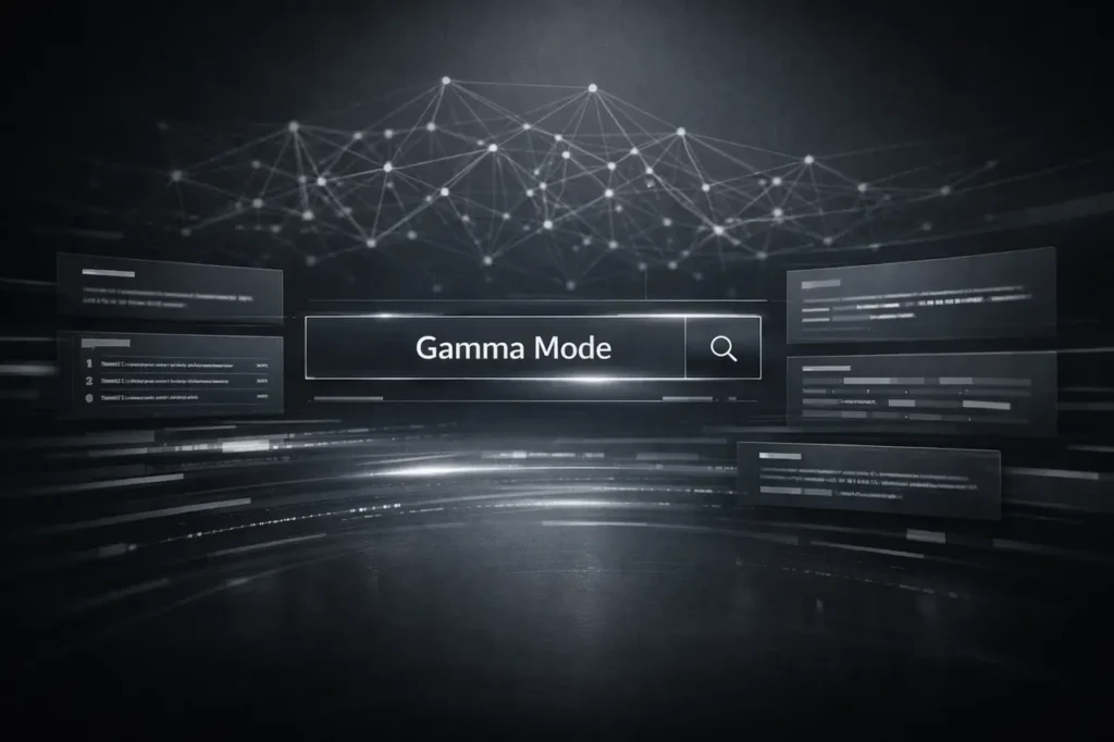 Perplexity Gamma Mode interface powered by Grok 4.1 showing ultra-fast AI search dashboard in dark theme.