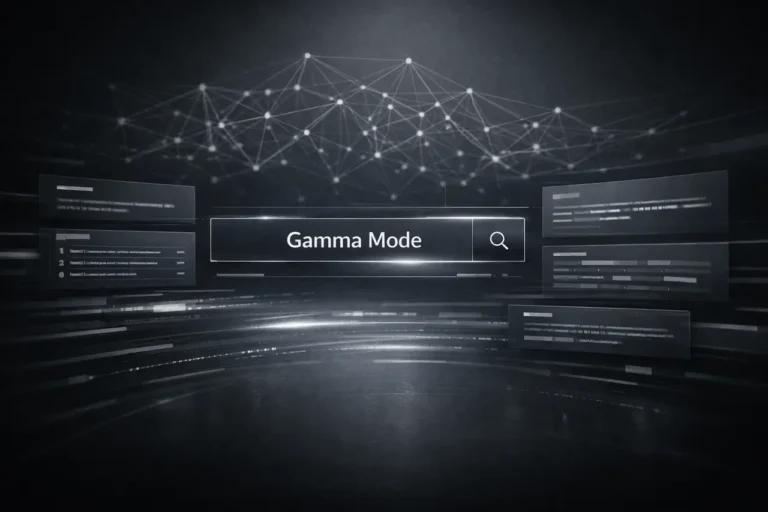 Perplexity Gamma Mode interface powered by Grok 4.1 showing ultra-fast AI search dashboard in dark theme.