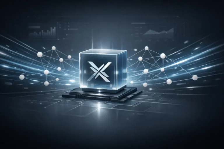 Grok 4.20 Beta AI model visualization showing improved speed, instruction following, and reduced hallucination rate.