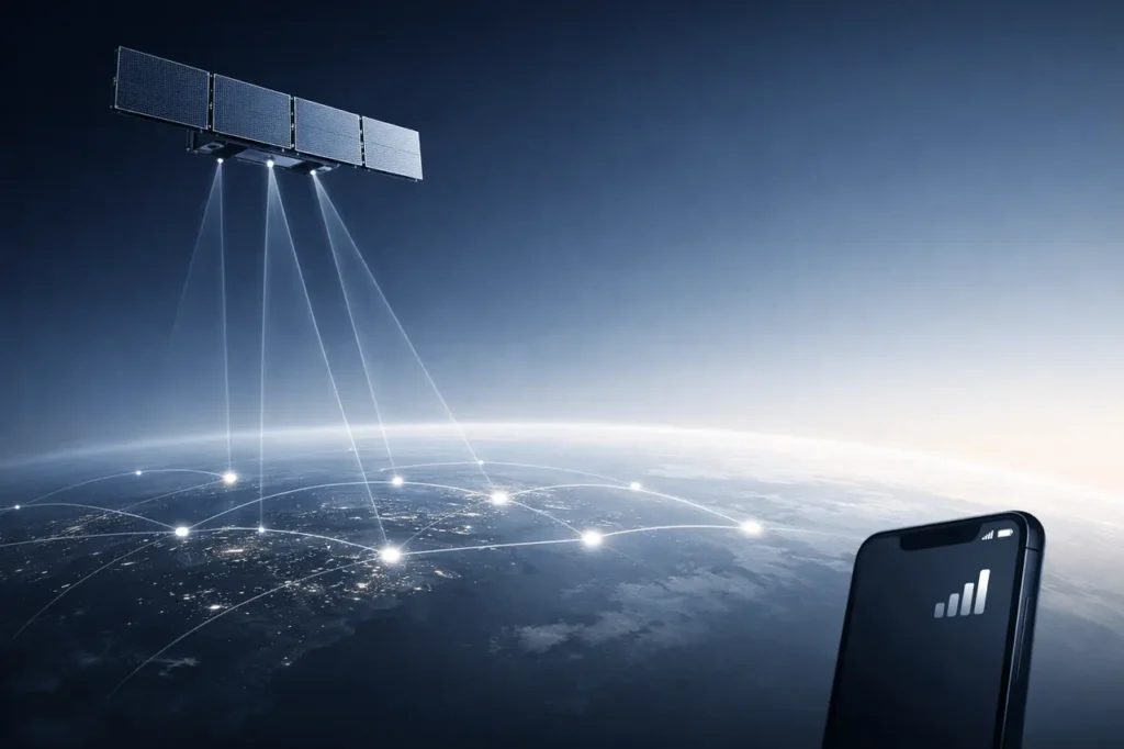 Current image: Starlink Mobile V2 satellites delivering real 5G speeds from space directly to existing smartphones.