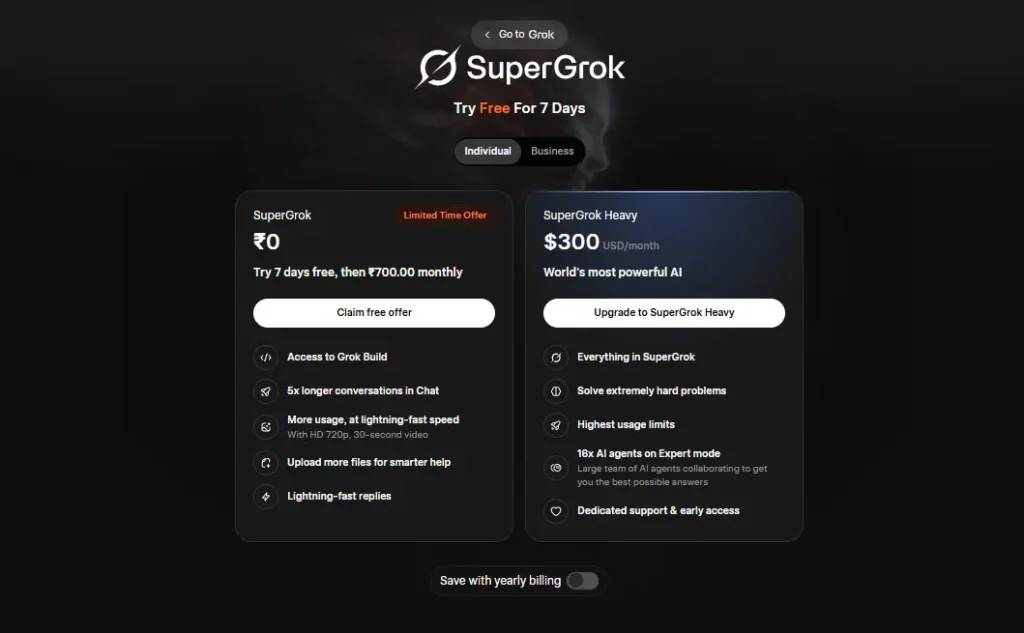 SuperGrok plan comparison with features.
