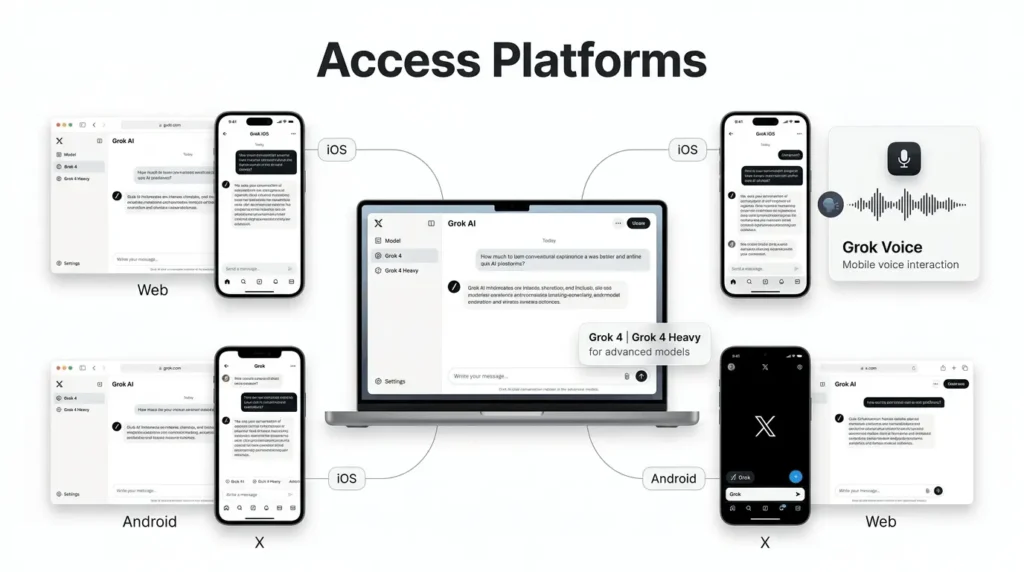 Infographic titled 'Access Platforms' displaying a central laptop Grok AI chat interface connected to six devices representing grok.com, Grok iOS, Grok Android, X iOS, X Android, and x.com, along with a Grok Voice feature card.