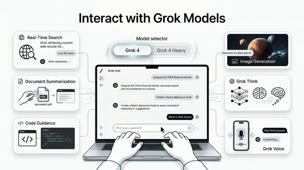 Infographic titled 'Interact with Grok Models' showing a central laptop interface with user hands typing, surrounded by six AI capabilities: Real-Time Search, Document Summarization, Code Guidance, Grok Think, Image Generation, and Grok Voice.