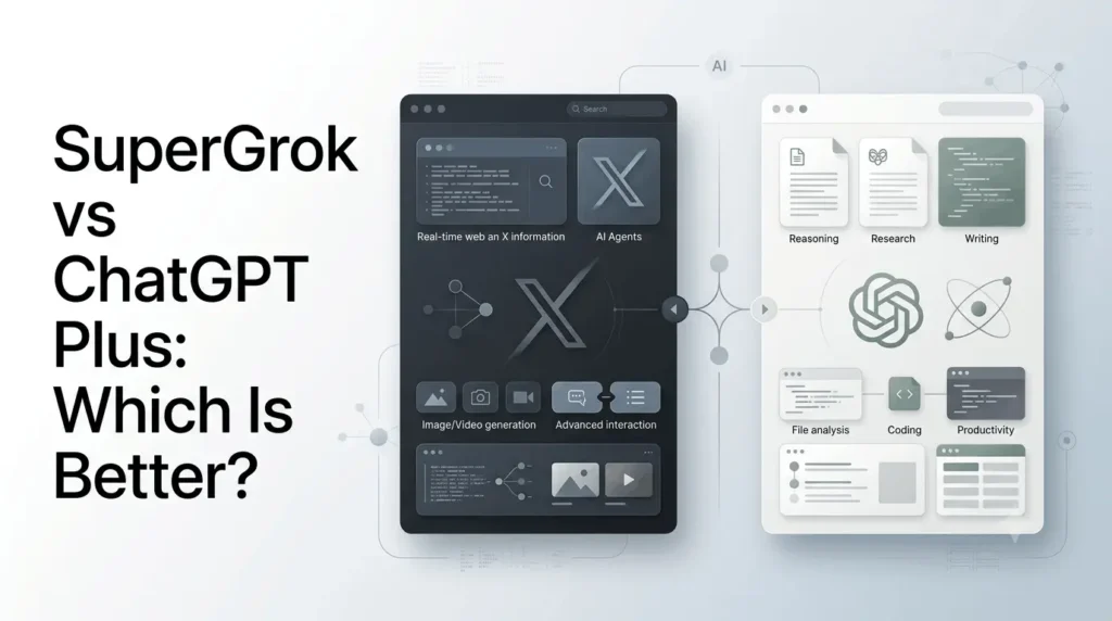 SuperGrok vs ChatGPT Plus comparison showing two AI subscription platforms and their key features.