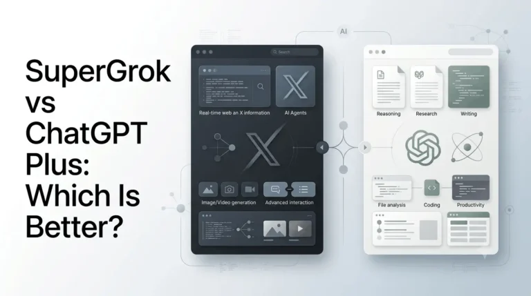 SuperGrok vs ChatGPT Plus comparison showing two AI subscription platforms and their key features.