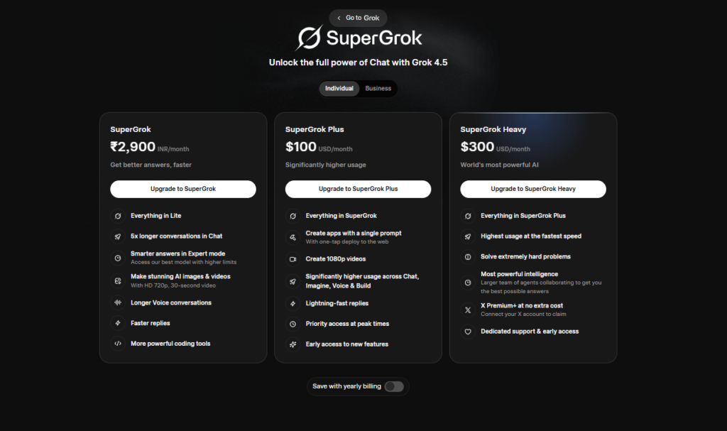 SuperGrok subscription plan comparison with features.