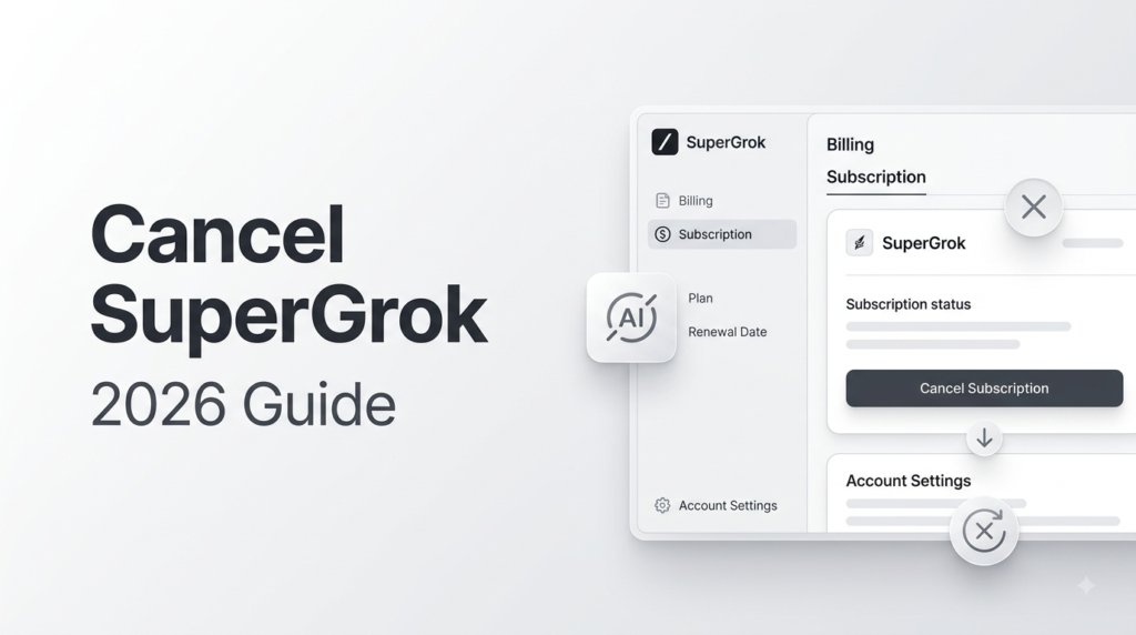 Current image: SaaS billing interface showing SuperGrok subscription status and a dark grey How to Cancel Subscription button alongside the text Cancel SuperGrok 2026 Guide.
