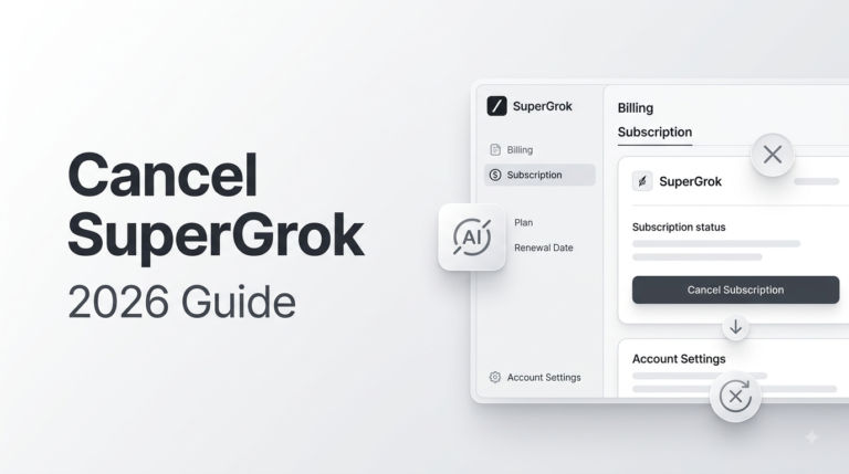 SaaS billing interface showing SuperGrok subscription status and a dark grey How to Cancel Subscription button alongside the text Cancel SuperGrok 2026 Guide.
