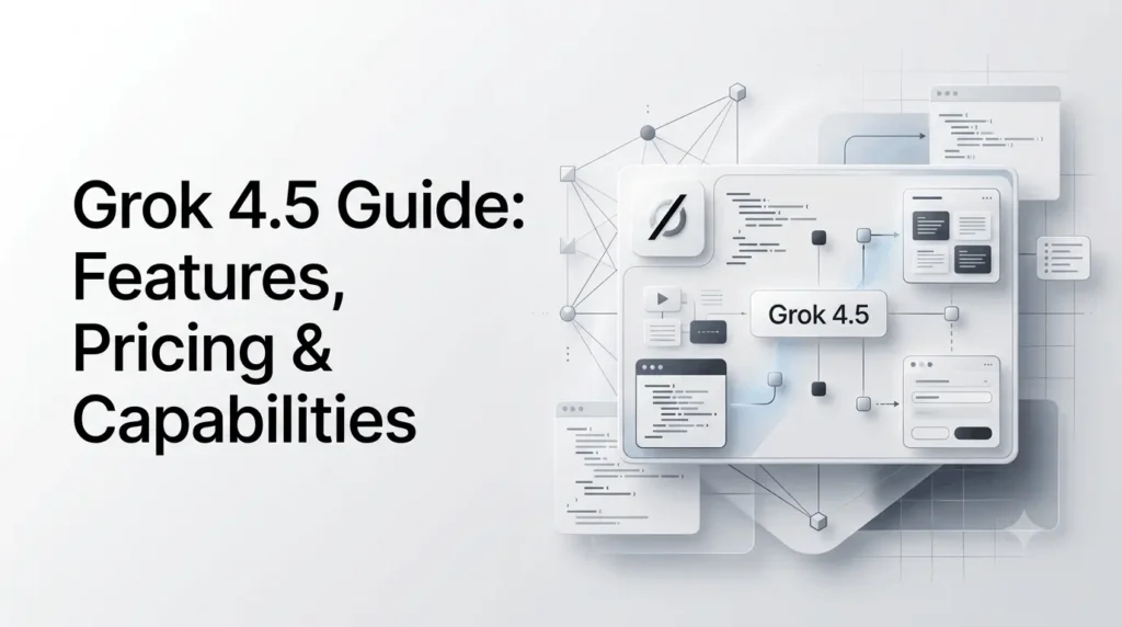Current image: Grok 4.5 Guide showing the AI model's coding, reasoning, and agentic capabilities.
