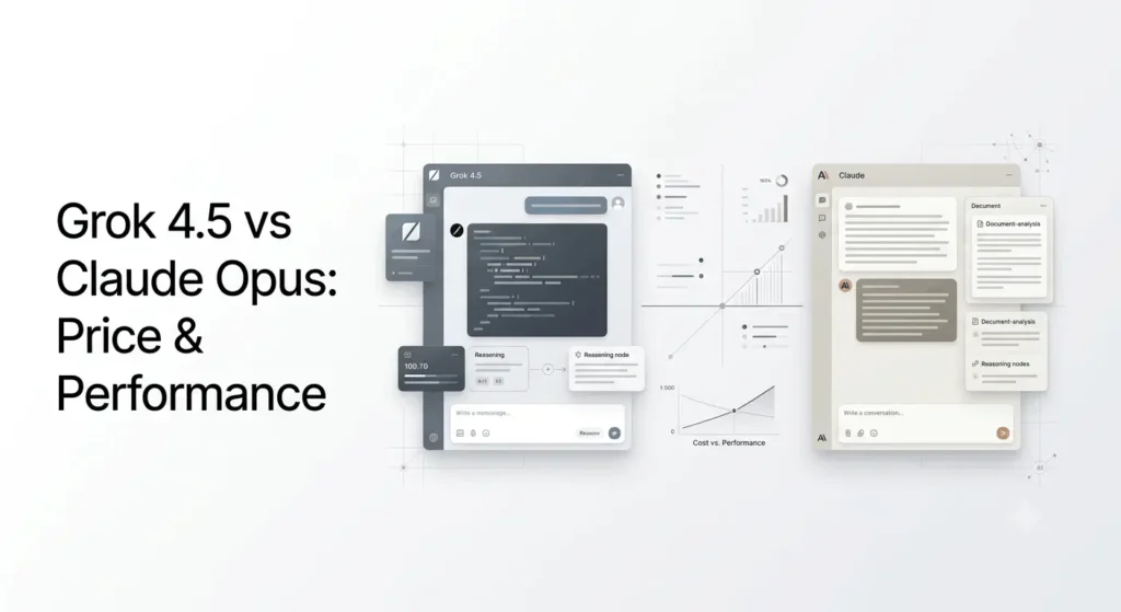 Current image: Grok 4.5 vs Claude Opus price-performance comparison showing two AI models side by side.
