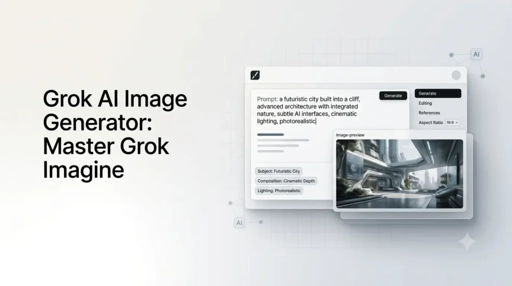 Grok AI image generator interface showing Grok Imagine turning a text prompt into an AI-generated image.