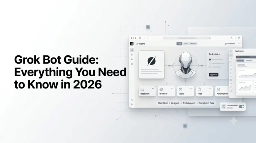 Grok Bot Guide showing an AI agent working across apps and automated workflows.