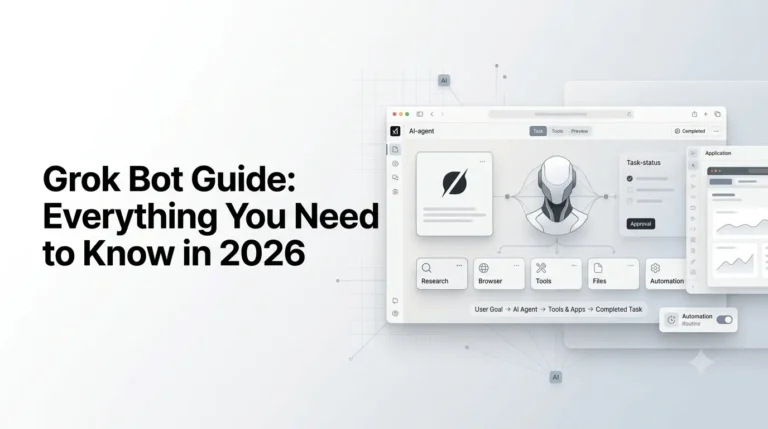 Grok Bot Guide showing an AI agent working across apps and automated workflows.