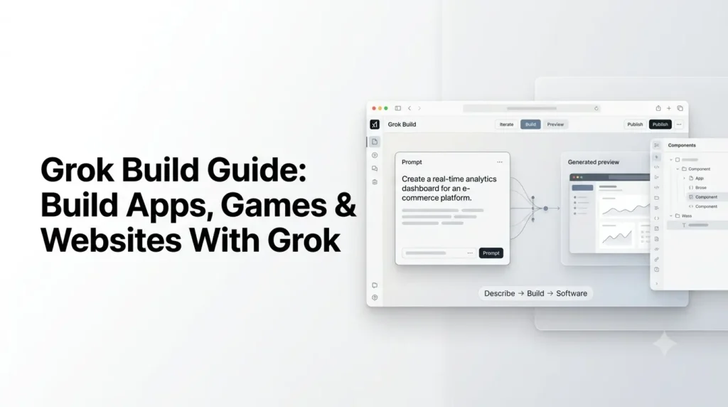 Grok Build Guide showing an AI-powered interface for building apps, websites and games.