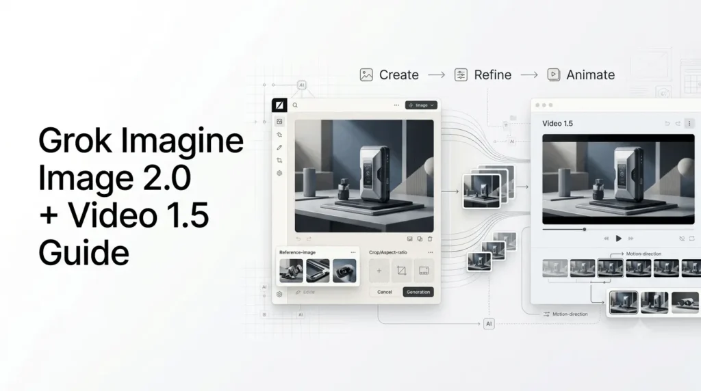 Current image: Grok Imagine Image 2.0 and Video 1.5 creative workflow for AI image and video generation.