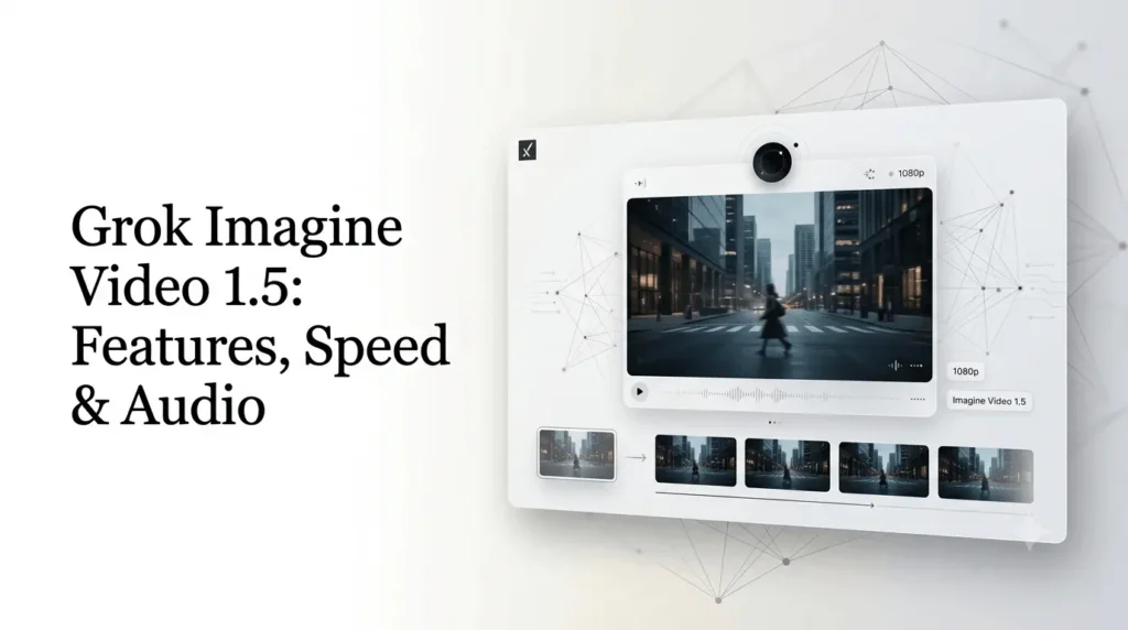 Current image: Grok Imagine Video 1.5 AI video generation interface showing image-to-video and audio capabilities.