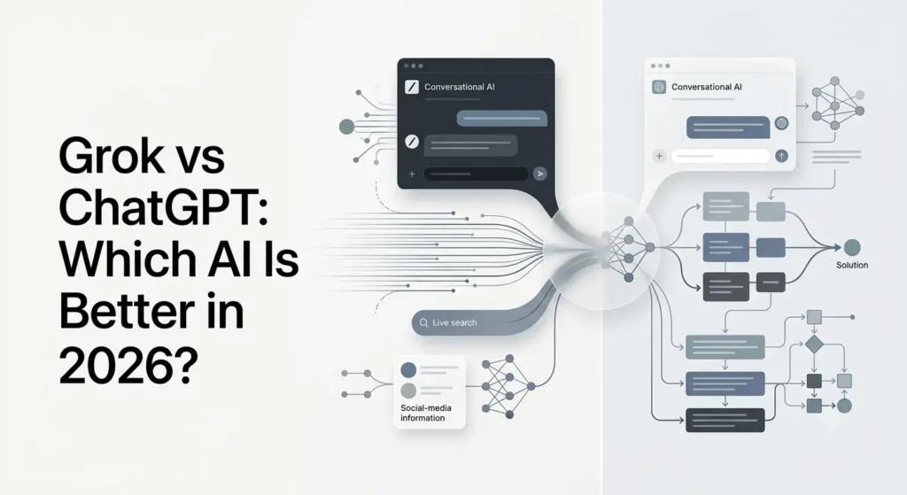 Grok vs ChatGPT comparison showing real-time search and AI reasoning capabilities.