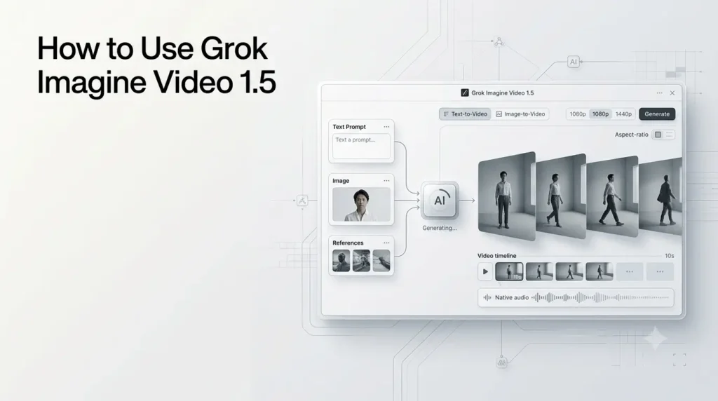 Current image: How to use Grok Imagine Video 1.5 for text-to-video, image-to-video and reference-based video generation.