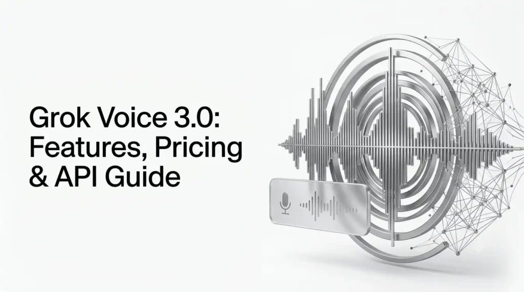 Current image: Grok Voice 3.0 AI voice model with a real-time audio waveform and conversational AI interface.