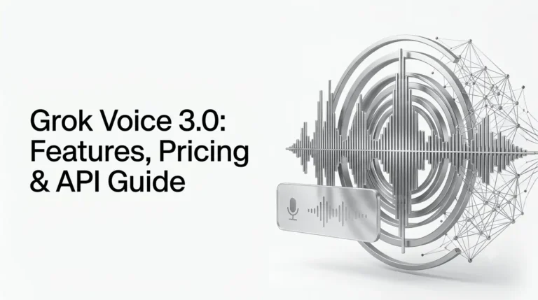 Grok Voice 3.0 AI voice model with a real-time audio waveform and conversational AI interface.